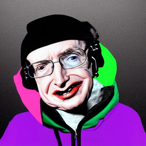 Image similar to Stephen Hawking skateboarding in air, wearing a hoodie, digital art painting.