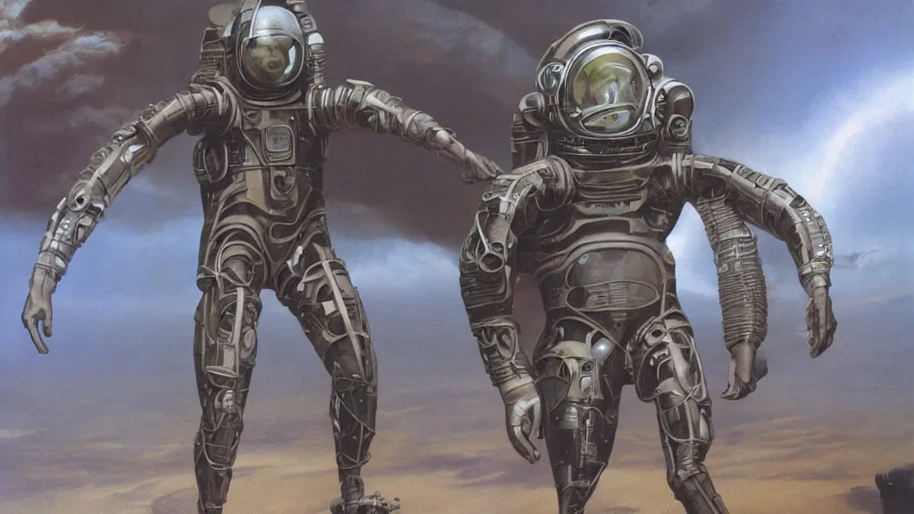 Image similar to futuristic organic spacesuit design by john schoenherr and jim burns, epic cinematic matte painting