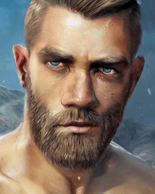 Prompt: 🥺😰 portrait of muscular, tired and alcoholic 3 0 - year - old handsome man with short darkblonde hair, serious sad look in his eyes, dirty beard, blue eyes, crying, wearing dirty soldier uniform, on the desert, hyper realistic face, beautiful eyes, character art, art by mark brooks, hyperdetailed, cryengine, trending on artstation, digital art