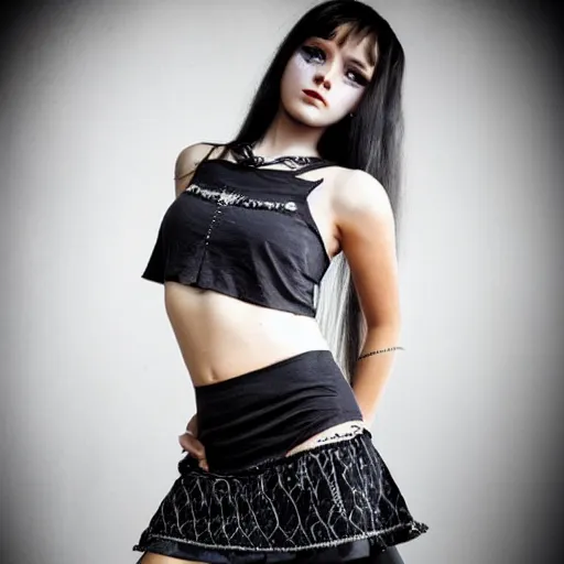 Prompt: teenage goth girl in mini skirt and crop top, intricate, extremely detailed, modeling photography, teen, tyftt, prime
