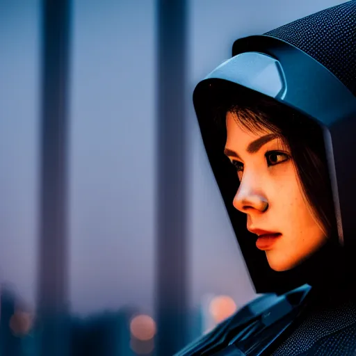 Image similar to photographic portrait of a techwear woman, closeup, on the rooftop of a futuristic city at night, sigma 85mm f/1.4, 4k, depth of field, high resolution, 4k, 8k, hd, full color