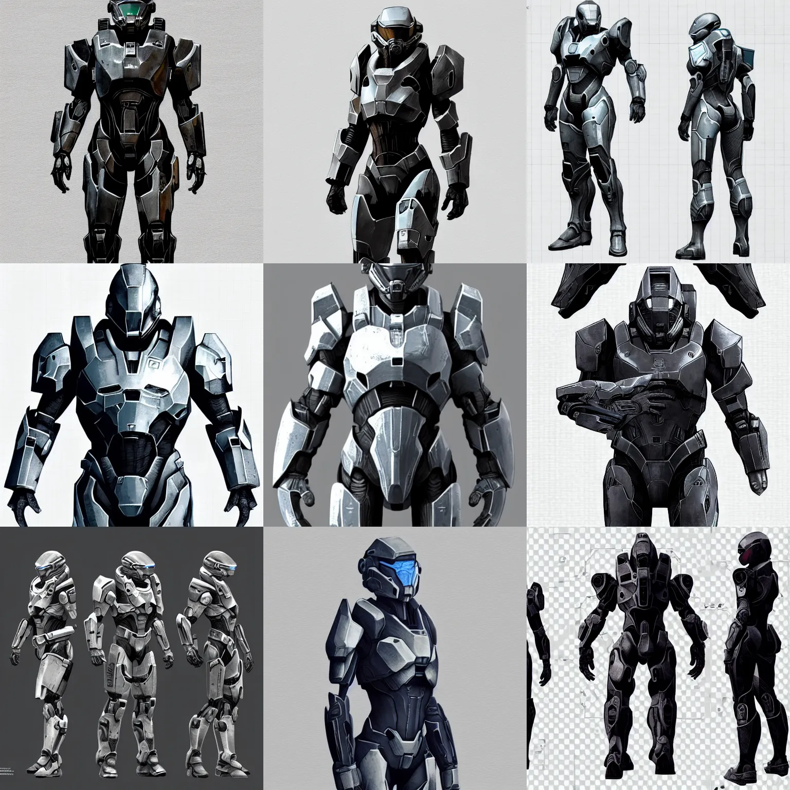 Prompt: concept art, layout, engineering, design, schematics, game assets, form fitting power armor for men and women, highly realistic, mass effect, halo, destiny, deus ex, black and blue, intricate, elegant, artstation, on a stark white background