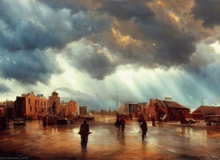 Image similar to oil painting of american old west town, harbour, dramatic storm clouds, dusty street, sunrays, dramatic, very very very beautiful art, cinematic lighting, romanticism by goya, bright pastel color, blue sky