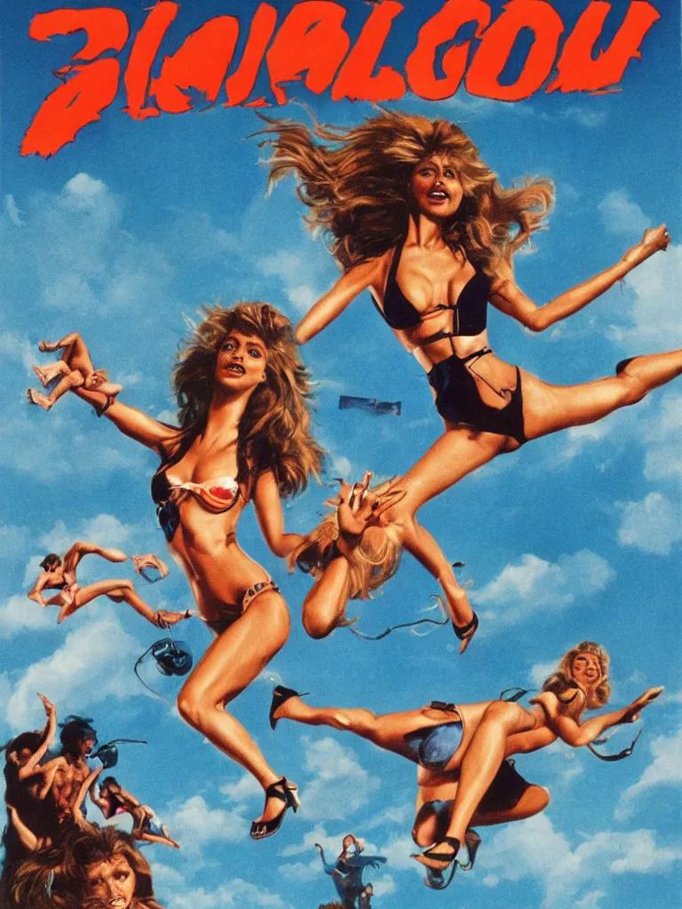 Image similar to 8 0's movie poster of bikini girls flying running from a wolfman, decolletage, confident pose, coherent, insane detail, concept art, character concept, cinematic lighting, global illumination radiating a glowing aura