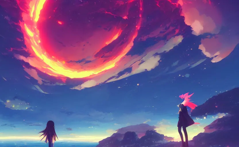 Image similar to anime scene background, no characters, anime painting, 3d render, hyper realistic, dramatic lighting, the sky is a nebula on fire, 8k hdr pixiv dslr photo by Makoto Shinkai ilya kuvshinov and Wojtek Fus, digital art, concept art,