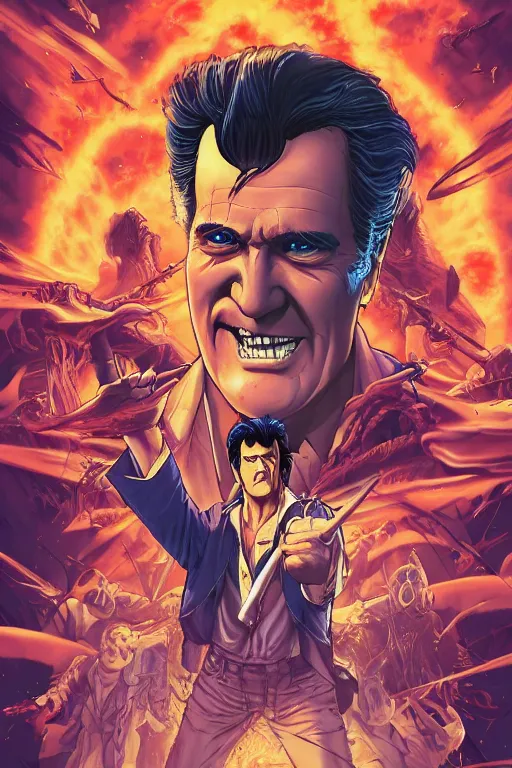 Image similar to the second coming of bruce campbell, by dan mumford, yusuke murata, makoto shinkai, ross tran, cosmic, heavenly, god rays, intricate detail, cinematic, 8 k, cel shaded, unreal engine, featured on artstation, pixiv