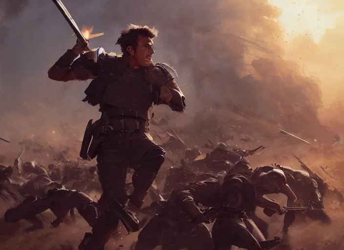 Image similar to epic cinematic action artwork of a man in his twenties with brown hair wearing a blue business suit in the heat of battle against an army of warriors by Greg Rutkowski, 4k, masterpiece