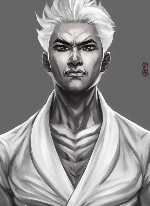 Prompt: a highly detailed illustration of white haired fierce asian man with short white hair parted down middle, wearing white kimono with black shirt, with black sclera eyes, heroically battle posing, muscular, intricate, elegant, highly detailed, centered, digital painting, artstation, concept art, smooth, sharp focus, league of legends concept art, WLOP