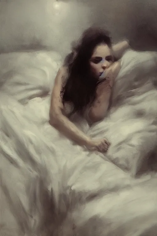 Image similar to detailed cinematic moody colors studio portrait of a lady in bed, high quality by jeremy mann, only one head single portrait