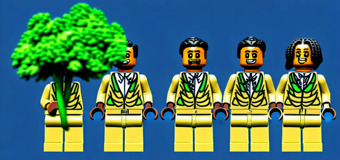 Image similar to lego snoop dogg and wizz khalifa surrounded by bunches of broccoli dean, roger digital art style