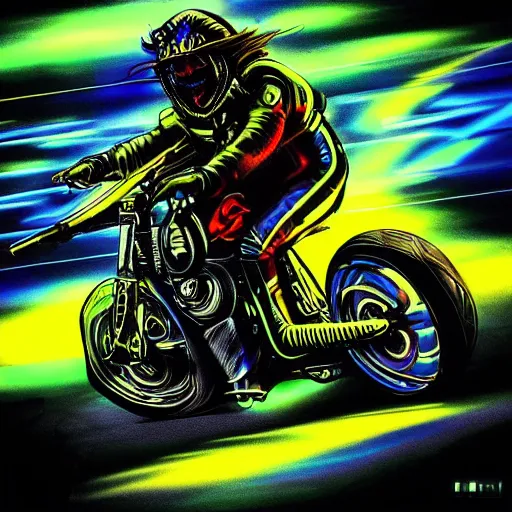 Image similar to psychedelic blacklight neon airbrush artwork, motorcycle, hyper stylized cinematic action shot of an orc racing on a motorcycle, menacing orc, drifting, skidding, wheelie, clear focused details, soft airbrushed artwork, black background, post apocalypse, cgsociety, artstation