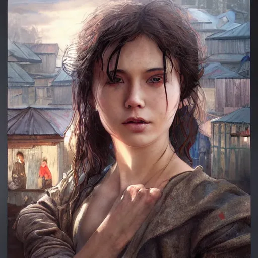 Image similar to artgerm, ilya yefimovich repin style as slum neighborhood in lord of the ring world, fantasy, photorealistic content, hyperrealistic content, high definition content, intricate, delete duplicate content, justify content center, left align, right align, ultra detailed content, ultra realistic face structure, rgb color