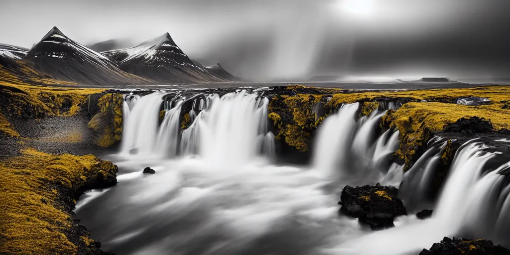 Prompt: award winning landscape photography of iceland by andy lee, waterfall in foreground with epic mountain in sunlight in background, beautiful light, moody, long exposure, infrared photography, dramatic lighting, clouds, rule of thirds, golden ratio