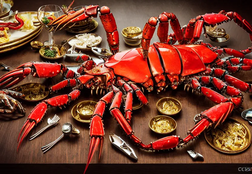 Prompt: complexity. insane detail. an opulent banquet of food on a table covered with golden gundam lobster and ruby gundam spiders and diamond gundam king crabs. rainbow biomechanical giger ’ s xenomorph. the thing. low angle. reclaimed lumber, detailed and intricate environment, hyperrealism, food photography, rembrandt