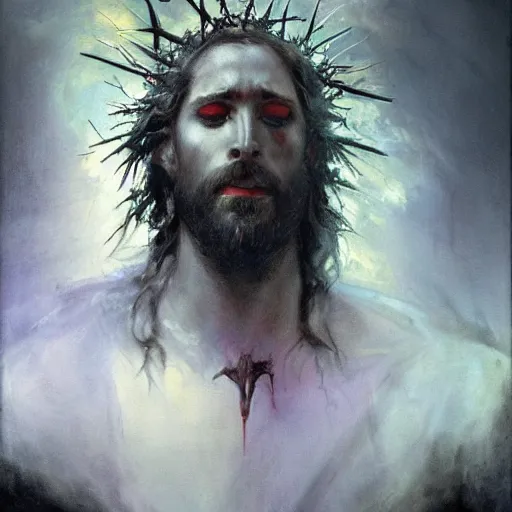 Image similar to painting of Jesus descending into a dark abyssal chasm, surrounded by a vivid silver light, flowing royal robes with goly inlay, crown of thorns spotted with blood upon his head, stern expression with a chiseled jaw and fiery eyes, by Jeremy Mann, stylized, detailed, realistic, loose brush strokes, intricate, beautiful
