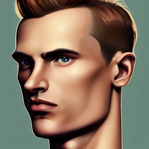 Image similar to tall man in his twenties with brown blond short quiff hair and thin slightly round facial structure with cleft chin, straight eyebrows and prominent bumpy nose, good definition of cheekbones, big hazel nut brown eyes, narrow face, slim body, atmospheric lighting, painted, intricate, 4 k, highly detailed by charlie bowater