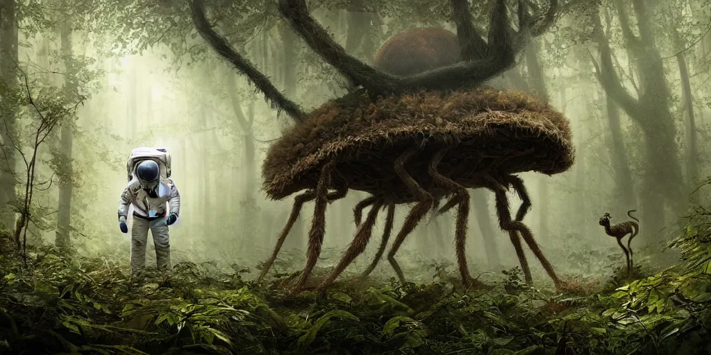 Prompt: an astronaut comes a across a furry spider - like creature in a forest, a detailed matte painting by frieke janssens, featured on cgsociety, space art, matte painting, matte drawing