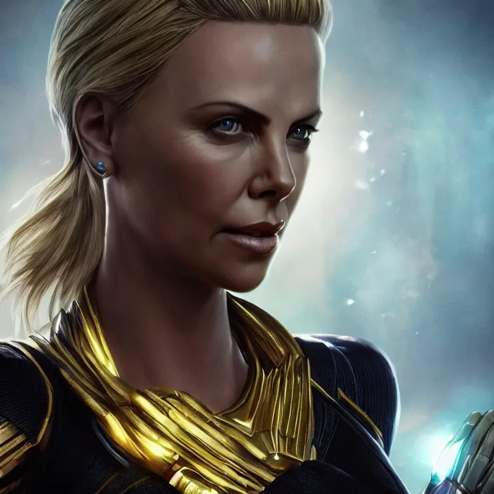 Image similar to portrait of ((Charlize Theron)), wearing The Infinity Gauntlet. SNAP. intricate artwork. octane render, trending on artstation, very coherent symmetrical artwork. avengers. thanos. cinematic, hyper realism, high detail, octane render, 8k, iridescent accents