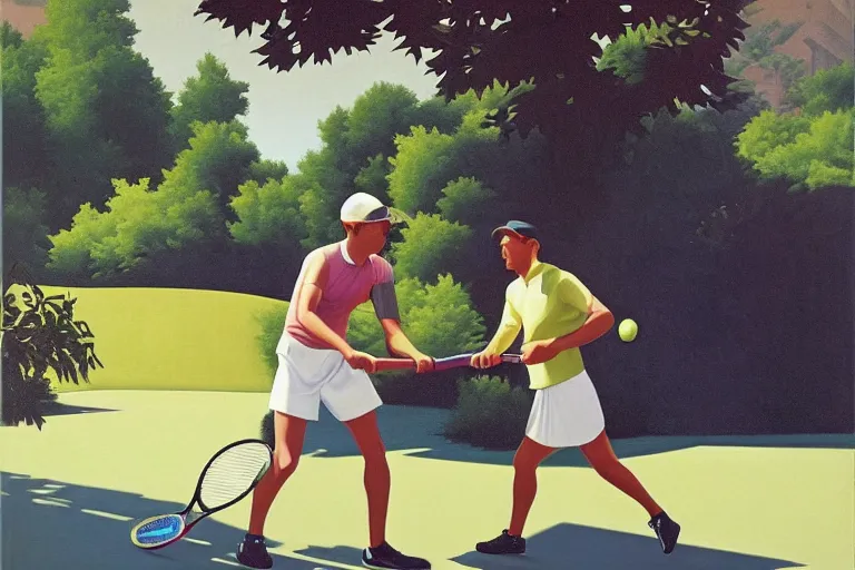 Prompt: two men playing tennis, summer afternoon, kenton nelson