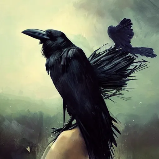 Image similar to morning, raven perching on the shoulder of a woman in a black dress. sun, cinematic, clouds, vogue cover style, contracting colors mood, realistic painting, intricate oil painting, high detail, figurative art, multiple exposure, poster art, 3 d, by simon bisley, ismail inceoglu, wadim kashin, filip hodas.