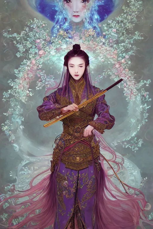 Prompt: beautiful ancient fantasy portrait of wuxia armored heroine wearing like Xian Xia wardrobe, in forbidden City, hybrid from Dynasty Warriror, flowers sea rainning everywhere, intricate, very very beautiful, elegant, highly detailed, digital painting, beautiful glowing galaxy eyes, artstation, fantasy concept art, smooth, sharp focus, illustration, art by WLOP and alphonse mucha and tian zi