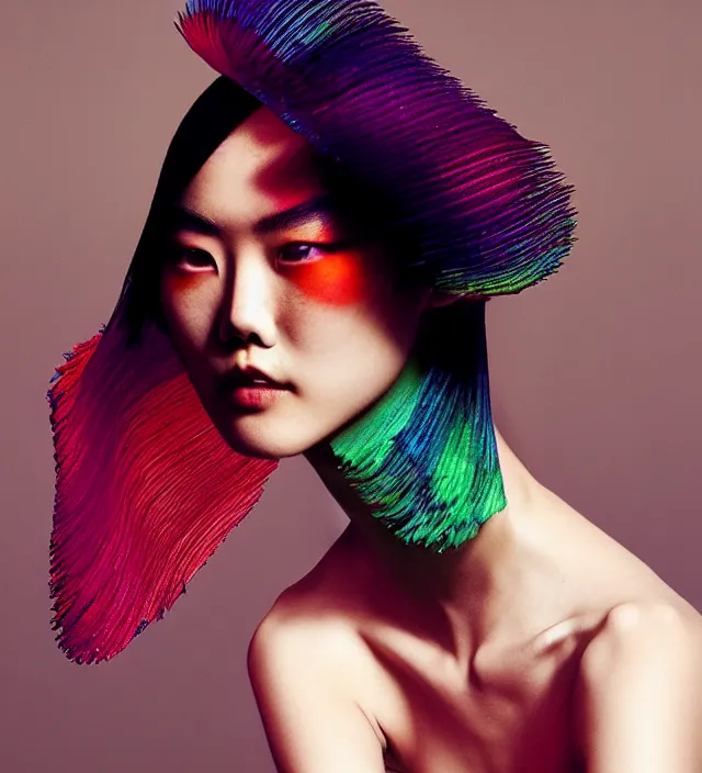 Image similar to photography american portrait of liu wen. great hair style, natural pose, natural lighing, rim lighting, wearing stunning cloth by iris _ van _ herpen, with a colorfull makeup. highly detailed, skin grain detail, film _ noir style lighting, photography by paolo roversi