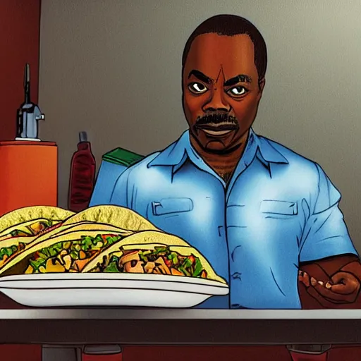 Prompt: levar burton eating tacos in a bathroom, ultra realistic, digital art, rich deep colors, smooth shadows, high resolution, cinematic