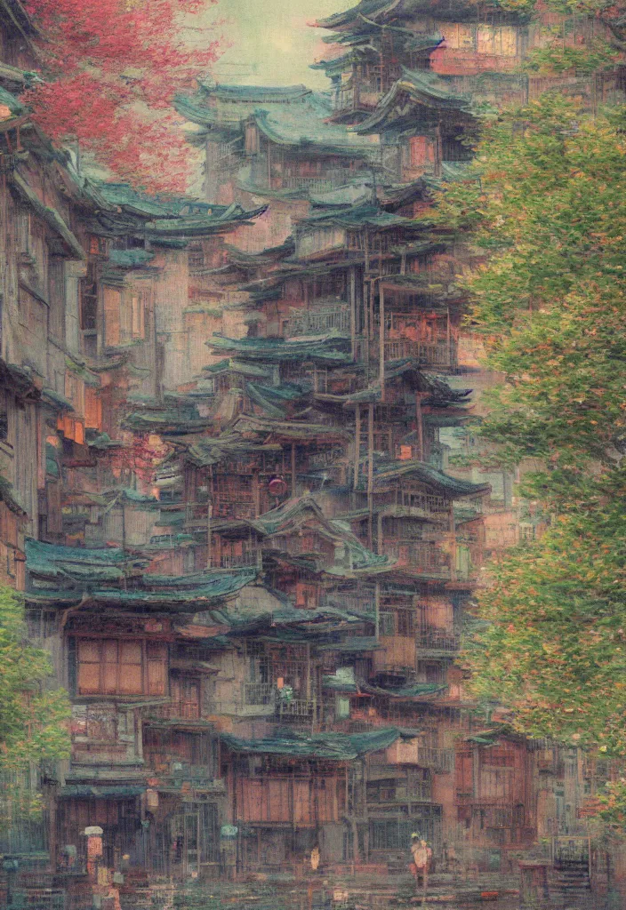 Image similar to a beautiful japanese city near the sea, amazing ryokans and gorgeous edo era houses, epic cyberpunk, lofi vibe, colorful, vivide colors, amazing light, really beautiful nature, oil painting in impressionist style, by jeremy lipkin, by claude monet, by makoto shinkai, multiple brush strokes, inspired by ghibli, masterpiece, beautiful