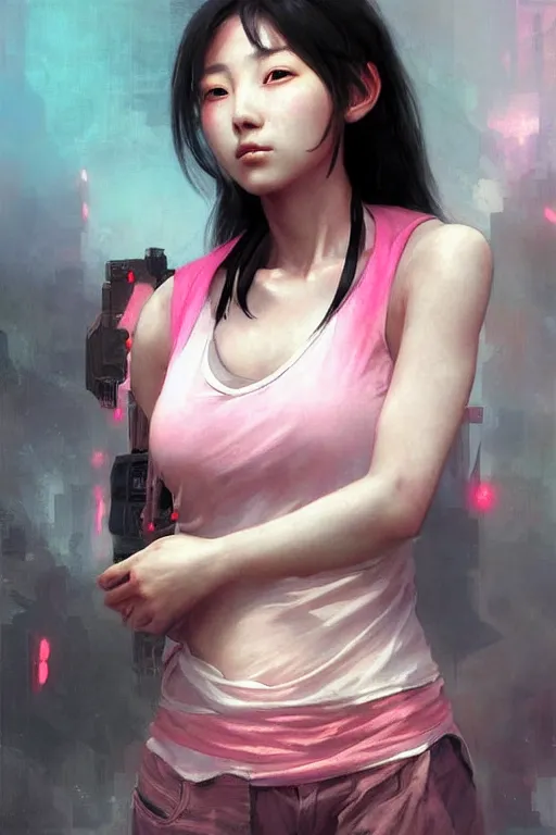 Prompt: Korean cyberpunk female with torn pink tank top, digital art from artstation by Ruan Jia and Mandy Jurgens and Artgerm and william-adolphe bouguereau