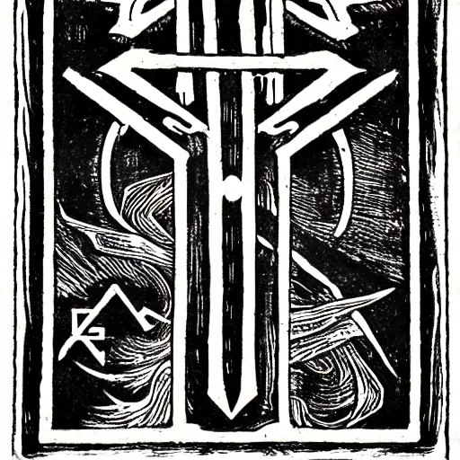 Image similar to magic sword iconography old occult runes intaglio etching engraving alchemy ink witchcraft