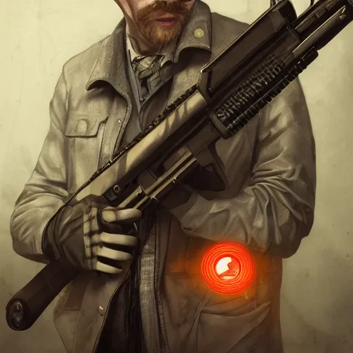 Image similar to simon pegg portrait, horror core, apocalyptic, winchester rifle, sharp focus, fiction, hyper detailed, digital art, trending in artstation, cinematic lighting, studio quality, smooth render, unreal engine 5 rendered, octane rendered, art style and nixeu and wlop and krenz cushart