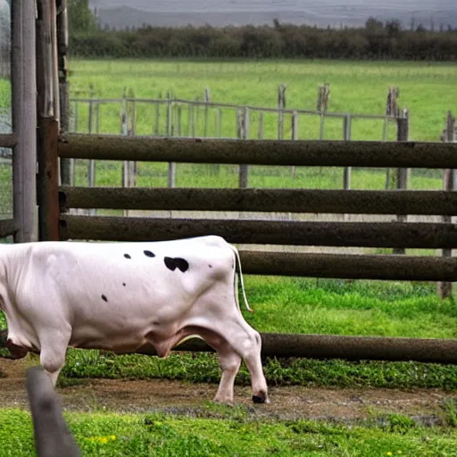 Image similar to cow running from a cage to a countryside