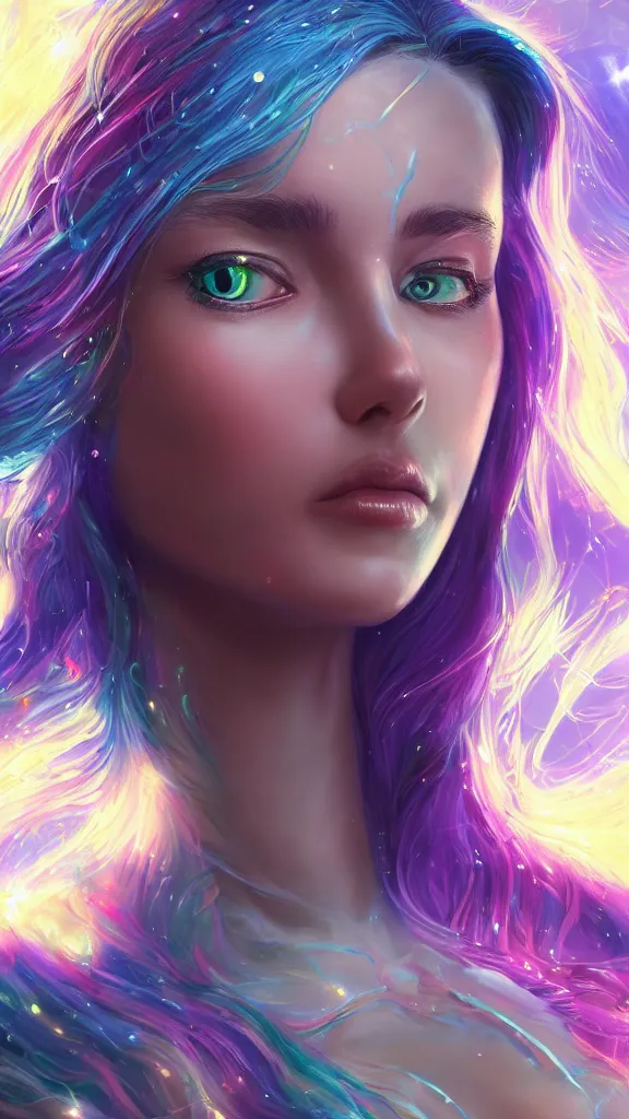 Image similar to highly detailed close up portrait of a celestial girl with a body made of cosmic energy, character art, studio lightning, bright colors, intricate, masterpiece, photorealistic, hiperrealistic, sharp focus, high contrast, Artstation HQ, DeviantArt trending, 4k UHD, Unreal Engine 5