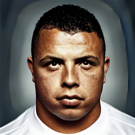 Prompt: real ronaldo nazario head and shoulders portrait photograph by martin schoeller