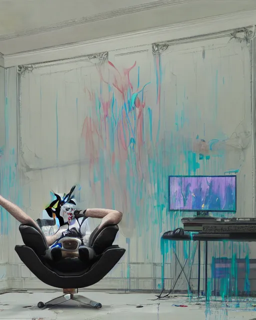 Image similar to a man reclines in a gaming computer chair with headphones on a controller inhand in a domestic interior filled with screens by james jean and luc tuymans and beeple and hernan bas and pat steir and hilma af klint, psychological, 3 d, dripping paint, high quality render, masterpiece