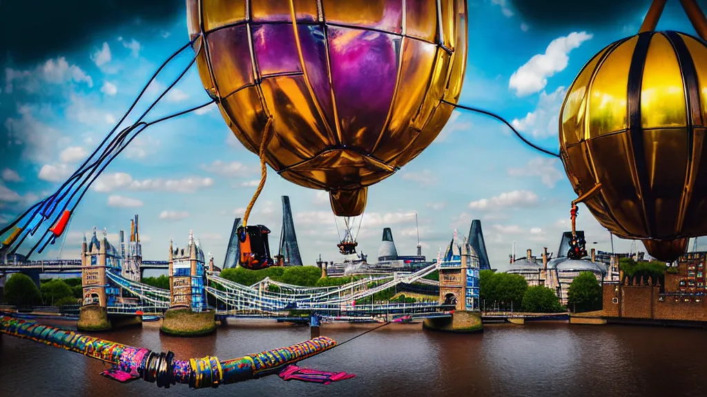 Image similar to large colorful futuristic space age metallic steampunk steam - powered balloons with pipework and electrical wiring around the outside, and people on rope swings underneath, flying high over the beautiful medieval london city landscape, professional photography, 8 0 mm telephoto lens, realistic, detailed, photorealistic, photojournalism