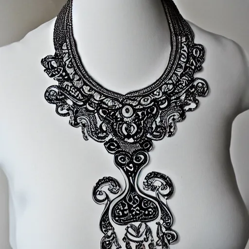 Prompt: black and white sketch opulent necklace feminine opulent detailed ornate tribal neckline illustration on paper