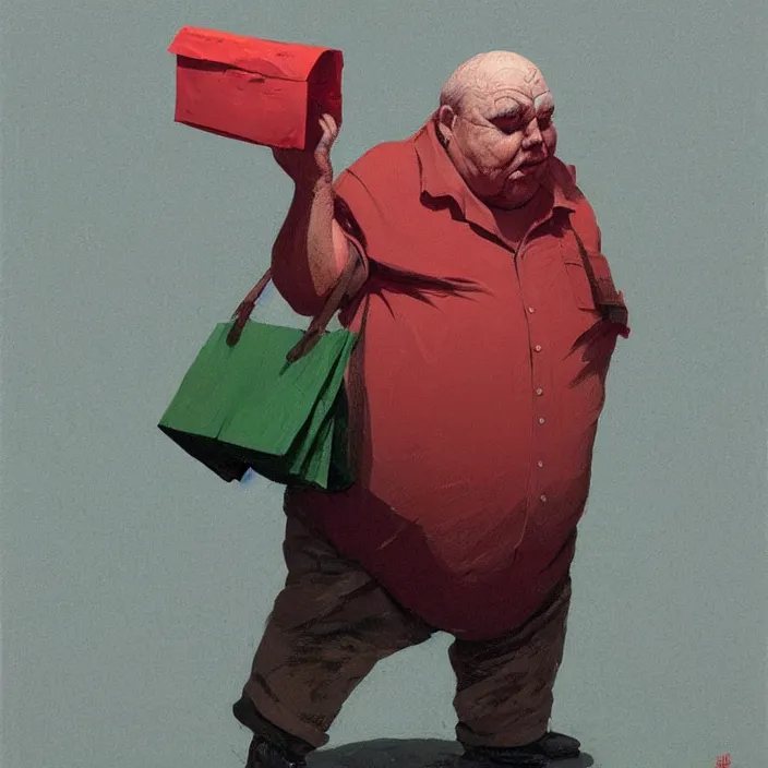 Prompt: melting old fat man portrait with a white paper bag over the head, dressed in red paper bags, holding stack of green paper bags, highly detailed, artstation, art by ian mcque, ilya kuvshinov, zdislav beksinski, wayne barlowe, edward hopper