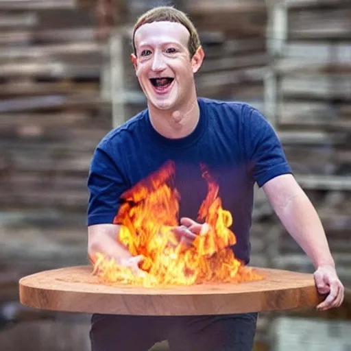 Image similar to mark zuckerberg throwing a circular wooden coaster into a fire