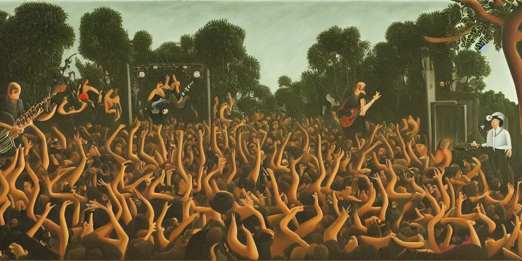 Image similar to a beautiful painting of Bad Religion playing a concert in Hell by Henri Rousseau 8k, 4k