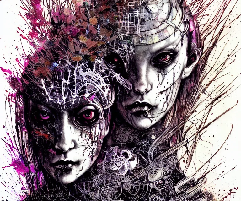 Prompt: gothic mute hybrid cyborg warrior girl, cybor clothes shaping the universe, freedom fighter, eerie, cinematic, epic, 8 k, ultra realistic, rendered by awesomeness. | a psychedelic apocalypse, illustration by albrecht durer, concept art in style of carne griffiths artwork by xsullo. | backround of beautiful floweres floatingby elson, peter kemp, peter