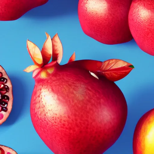 Image similar to fruit character that looks just like michelle obama as a pomegranate, 8 k, fruit eyes, fruit world, beautiful matte painting, by johfra bosschart, hyper realistic, studio lighting, octane render