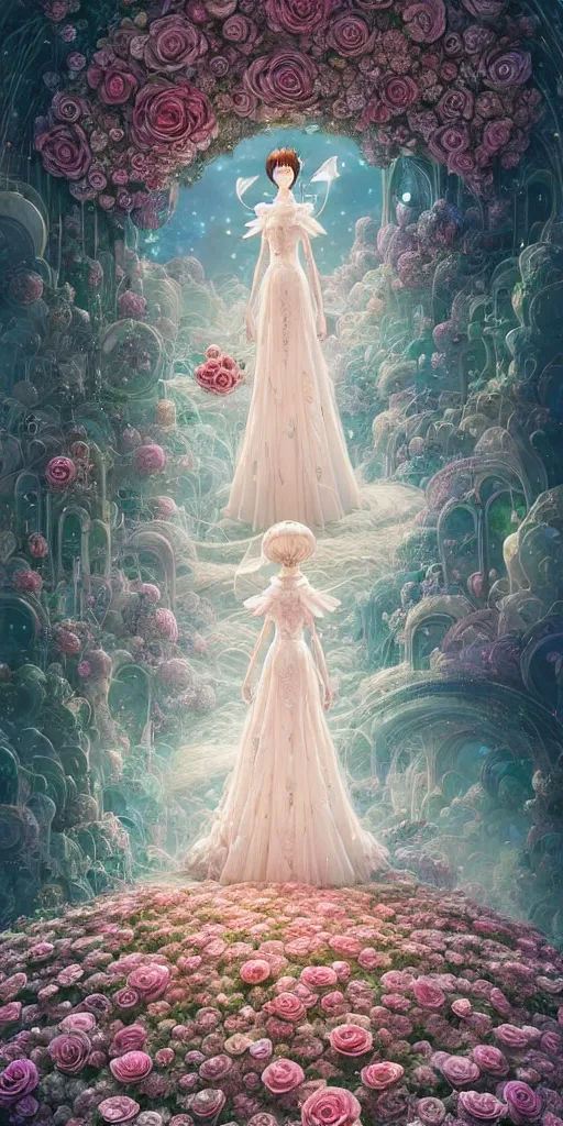 Image similar to the beautiful hyper detailed of a rose wedding dress clothing design display in the fairyland, in the style of makoto shinkai victo ngai and peter mohrbacher studio ghibli artgerm karol bak beeple, animation style, 8 k hd, dream, animation style, 3 drender, hyperdetailed