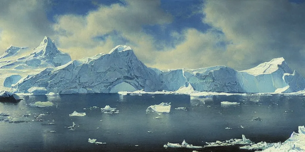 Prompt: Antarctica, oil painting, highly detailed, artwork, in style of Albert bierstadt