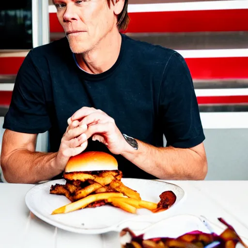 Image similar to kevin bacon profile portrait eating bacon burger soda fries, award winning food photography