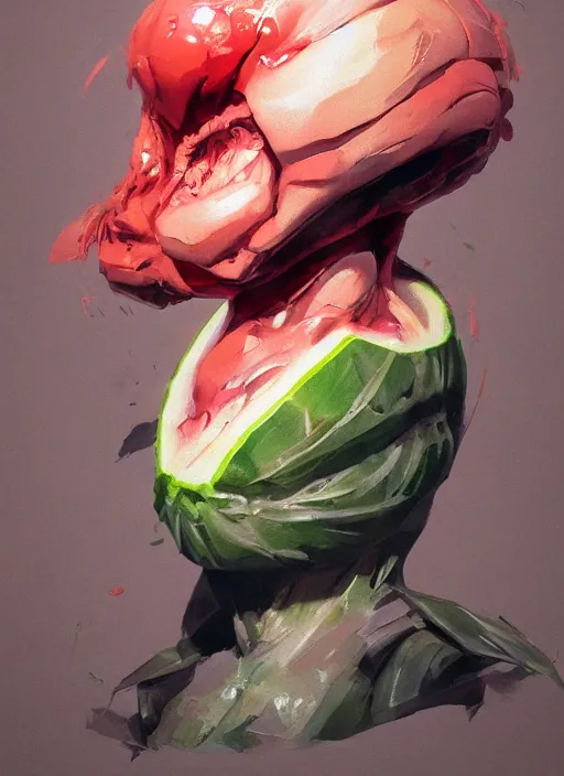 Prompt: semi reallistic gouache gesture painting, by yoshitaka amano, by ruan jia, by conrad roset, by dofus online artists, detailed anime 3 d render of an alien monstrous watermelon, portrait, cgsociety, artstation, rococo mechanical, digital reality, sf 5 ink style, dieselpunk atmosphere, gesture drawn