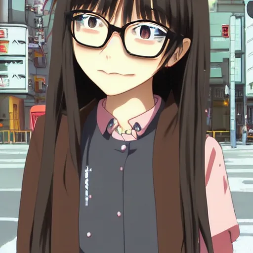 Prompt: a beautiful kawaii anime girl with glasses, she has dark brown straight long hair with thick fringe, wearing school uniform, character design by akihiko yoshida in the style of your name, background art is tokyo's shibuya crossing in the style of makoto shinkai