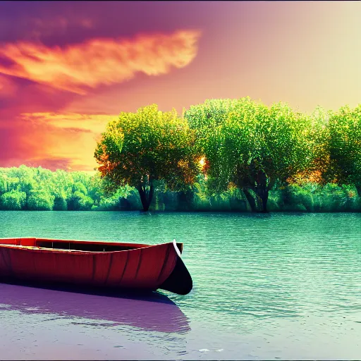 Image similar to boat on a river With tangerine trees and marmalade skies, octane render,4k,