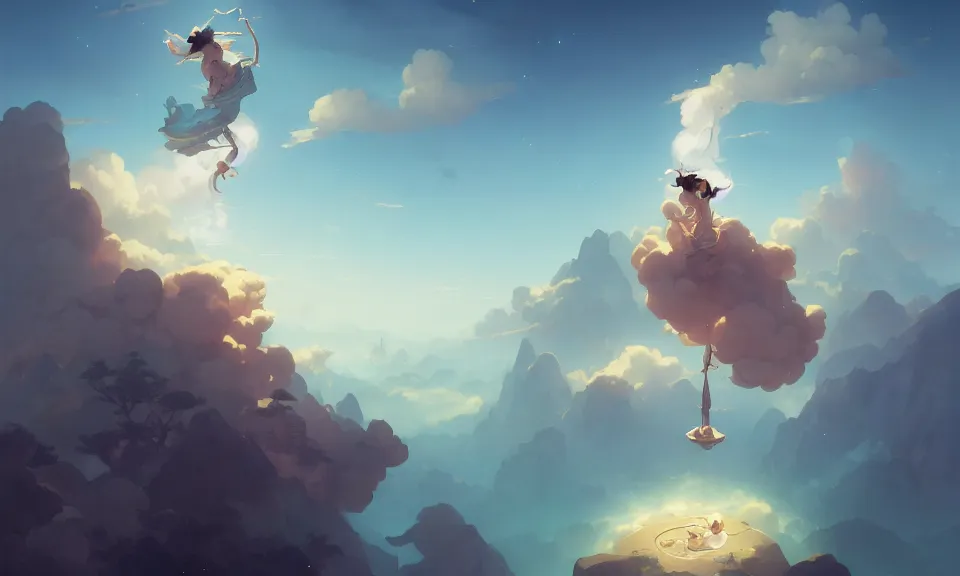 Image similar to happiness and friendship, floating high in the clouds, by peter mohrbacher, victo ngai, greg rutkowski, artgerm, volumetric lighting, intricate, environmental lighting, 4 k