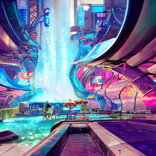 Image similar to futuristic cyberpunk waterpark, digital art, highly detailed, epic composition, cinematic lighting